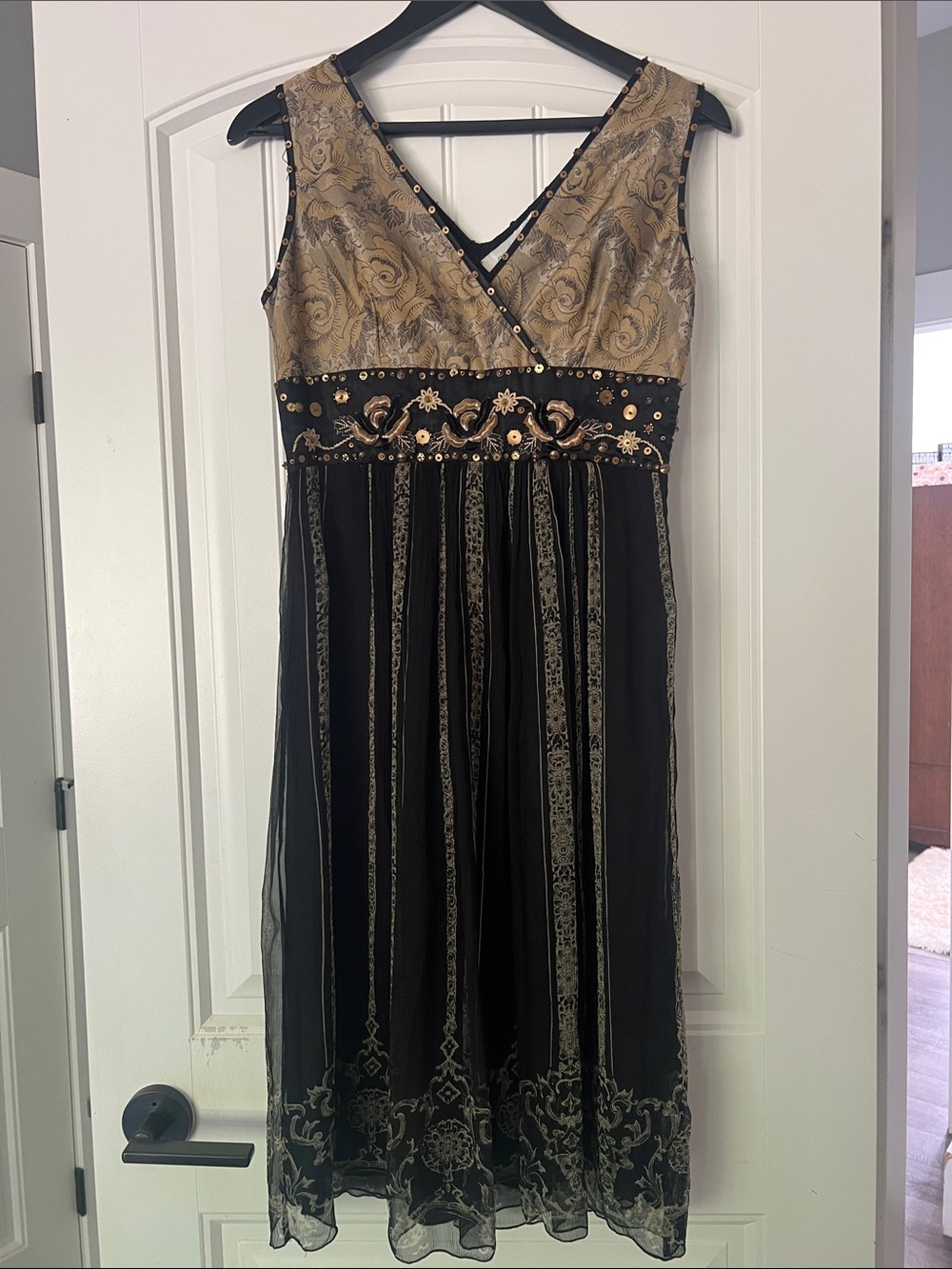 Rene Derhy Black and Gold V-Neck Embroidered Midi Dress